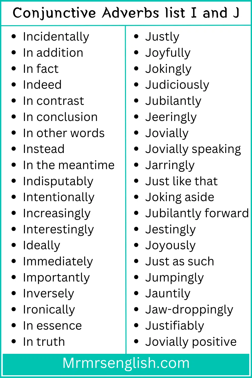Conjunctive Adverbs list I and J