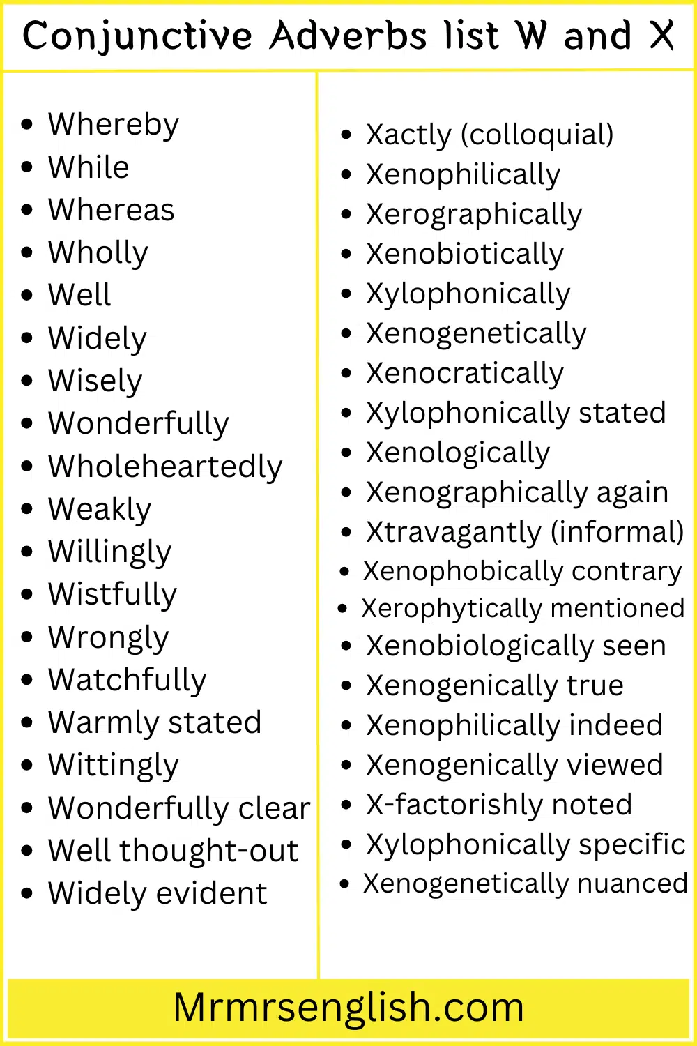 Conjunctive Adverbs list W and X