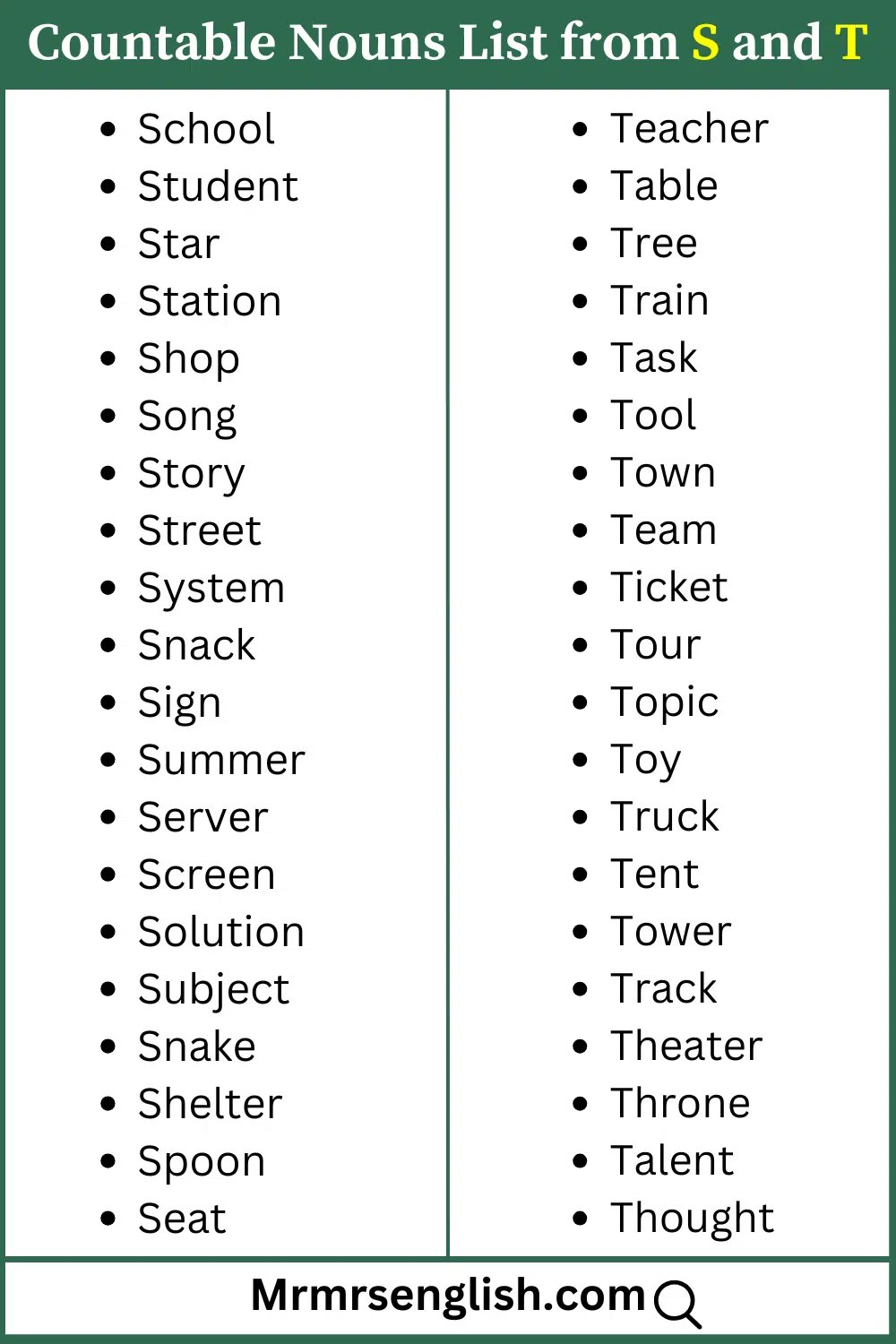 S and T words list Countable nouns