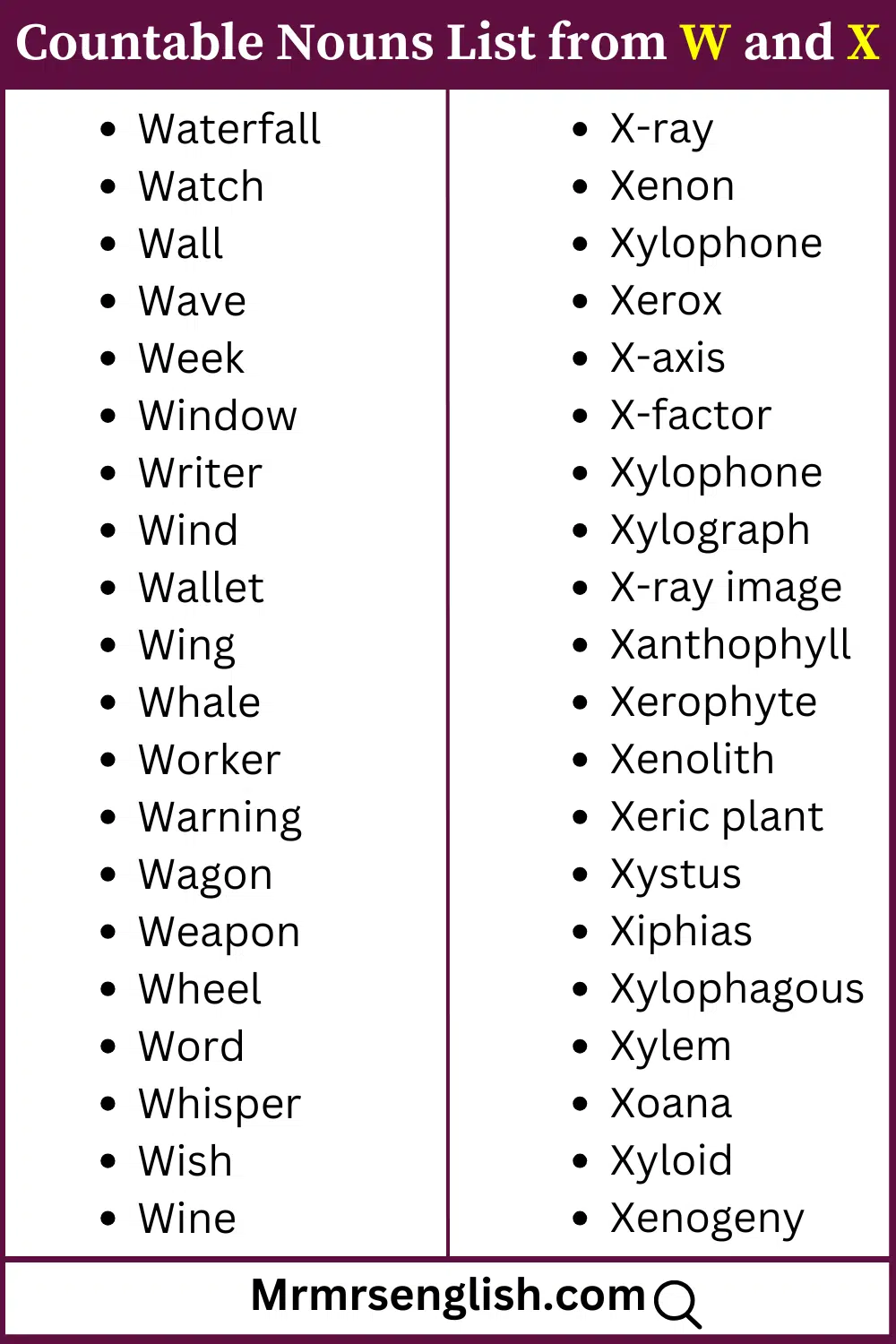W and X words list Countable nouns