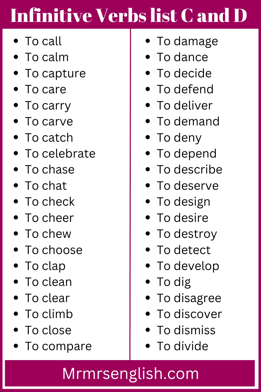 Infinitive Verbs list C and D