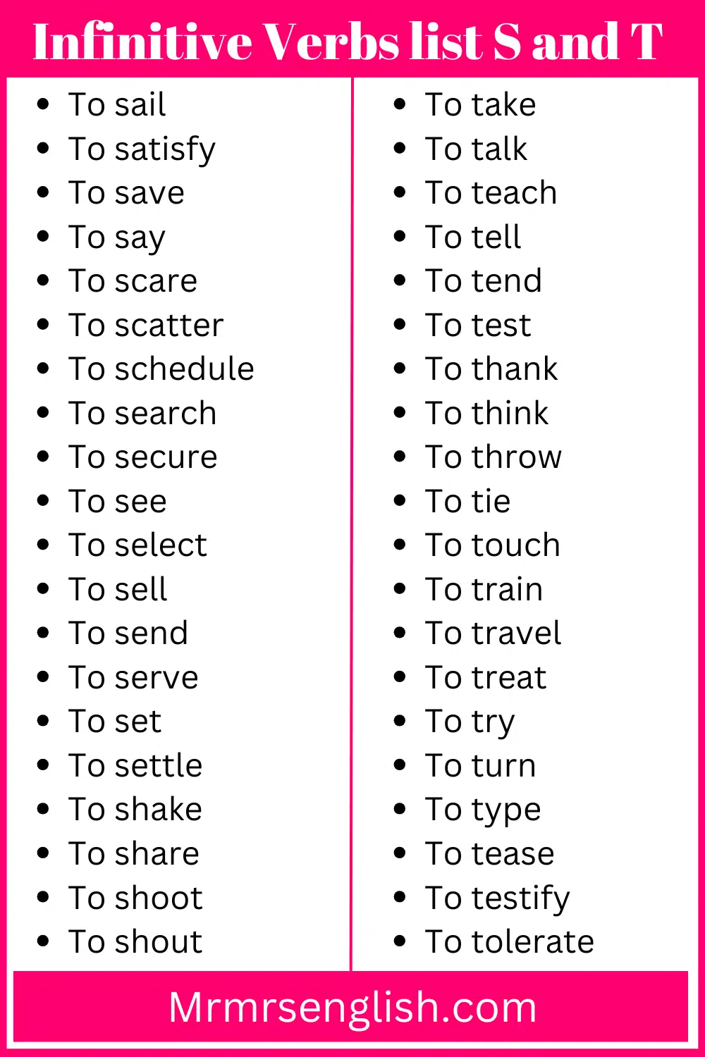Infinitive Verbs list S and T