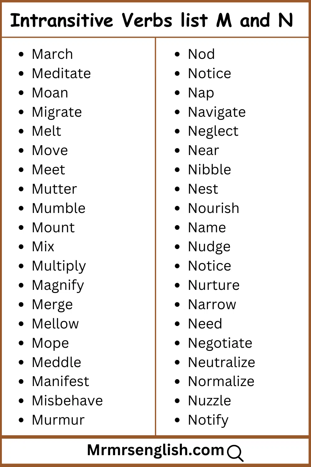 M and N words list Intransitive verbs