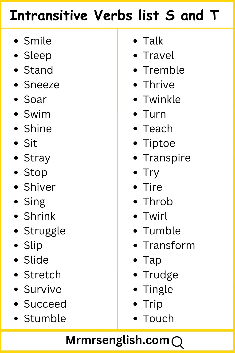 S and T words list Intransitive verbs