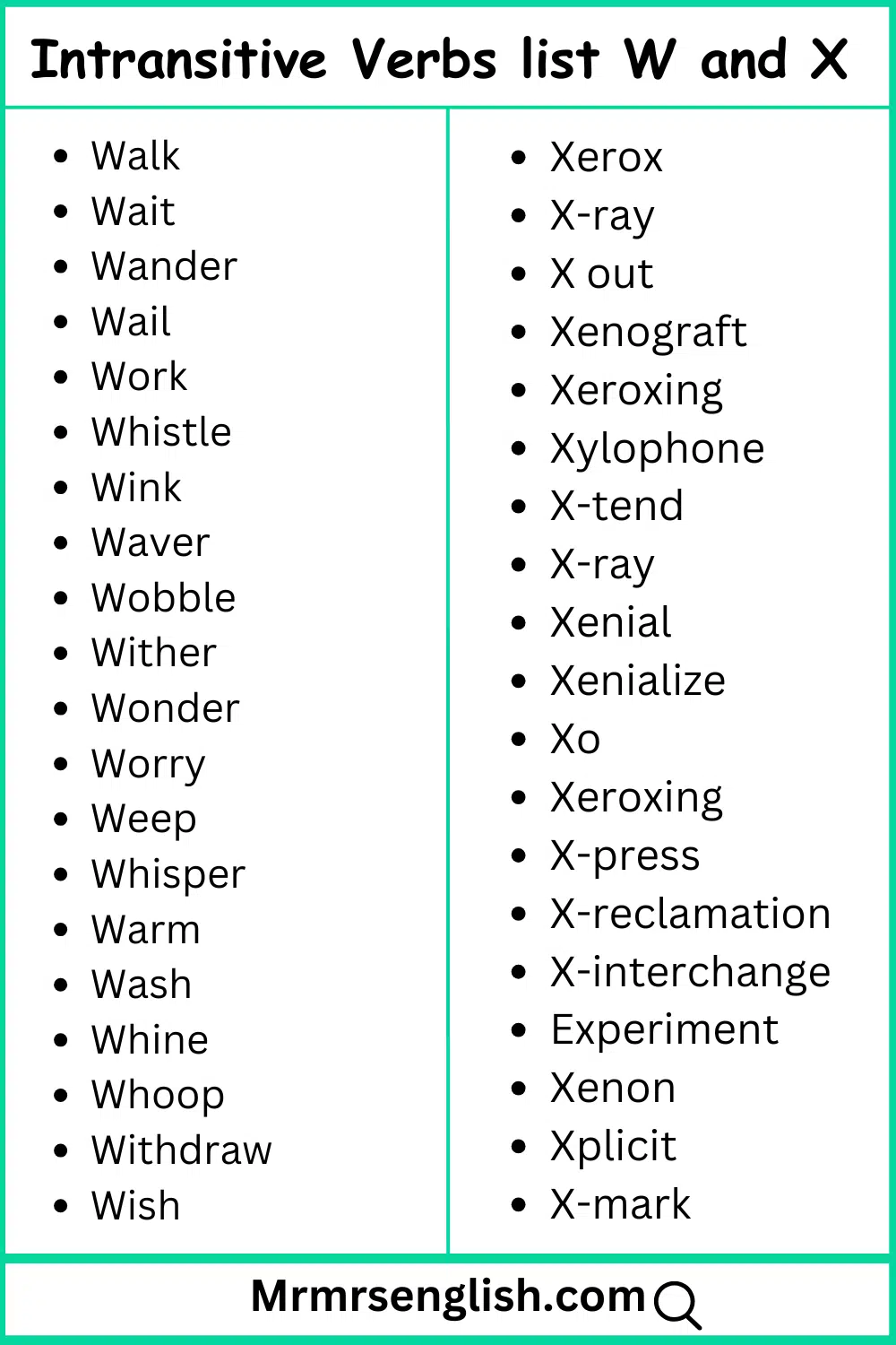 W and X words list Intransitive verbs