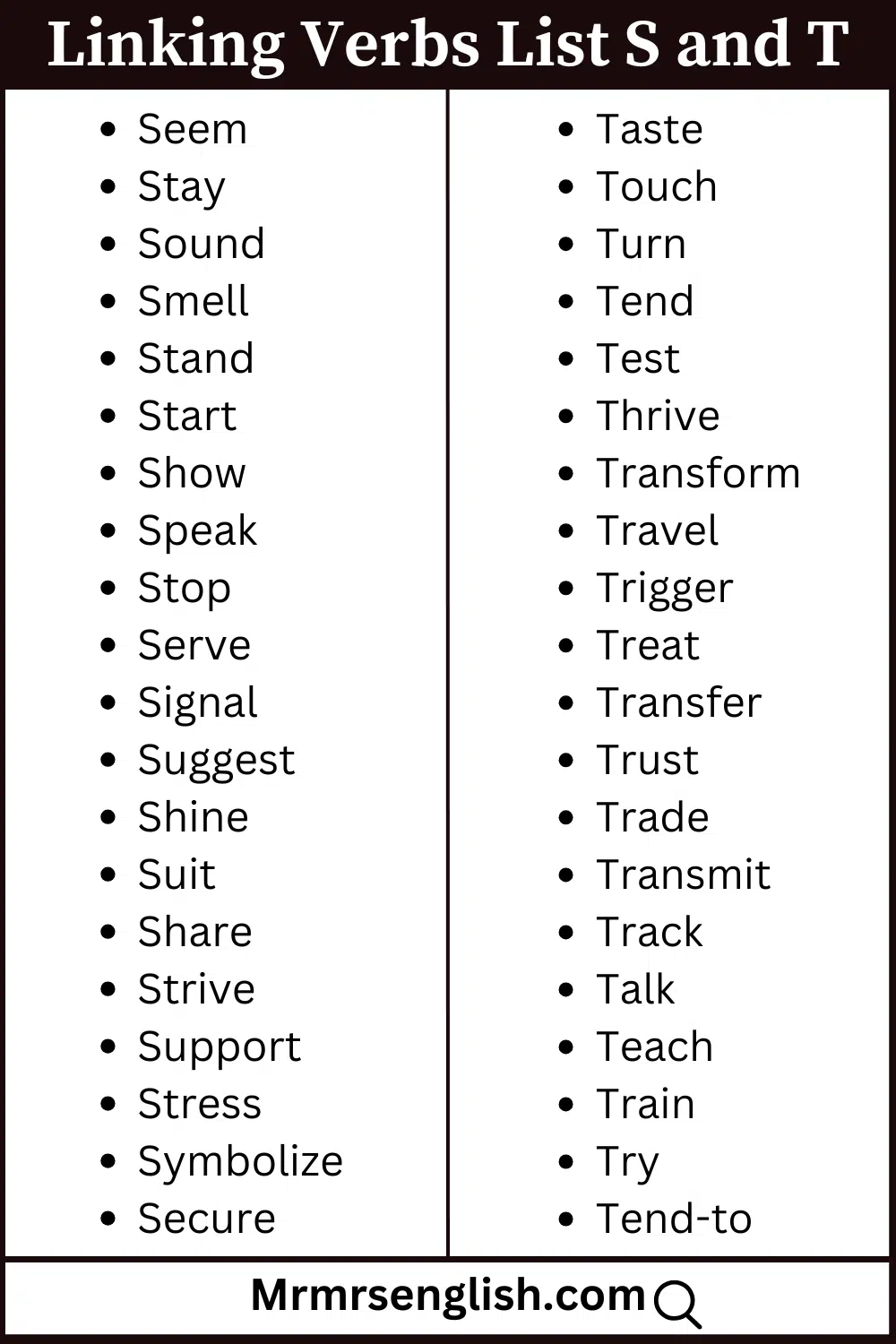 S and T words list Linking Verbs