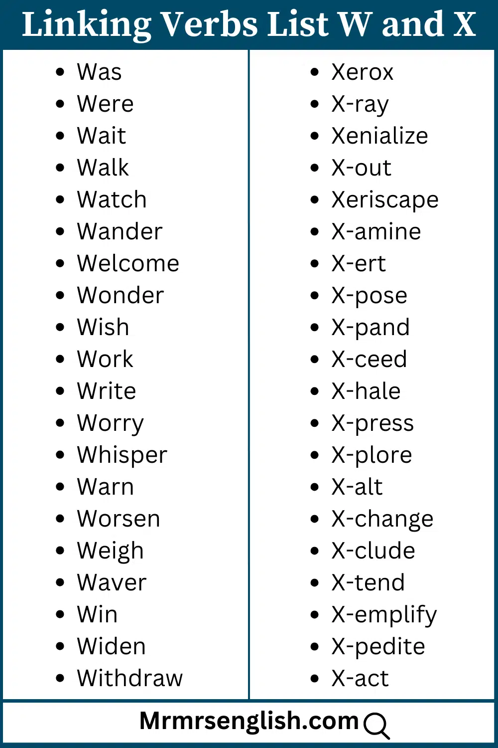 W and X words list Linking Verbs