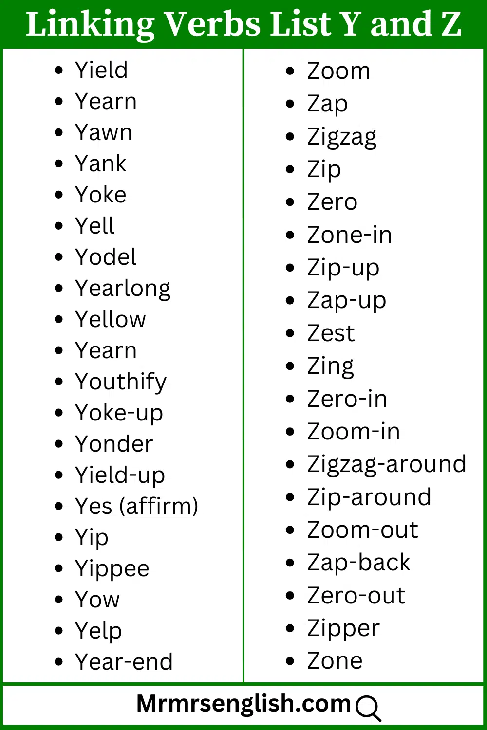 Y and Z words list Linking Verbs