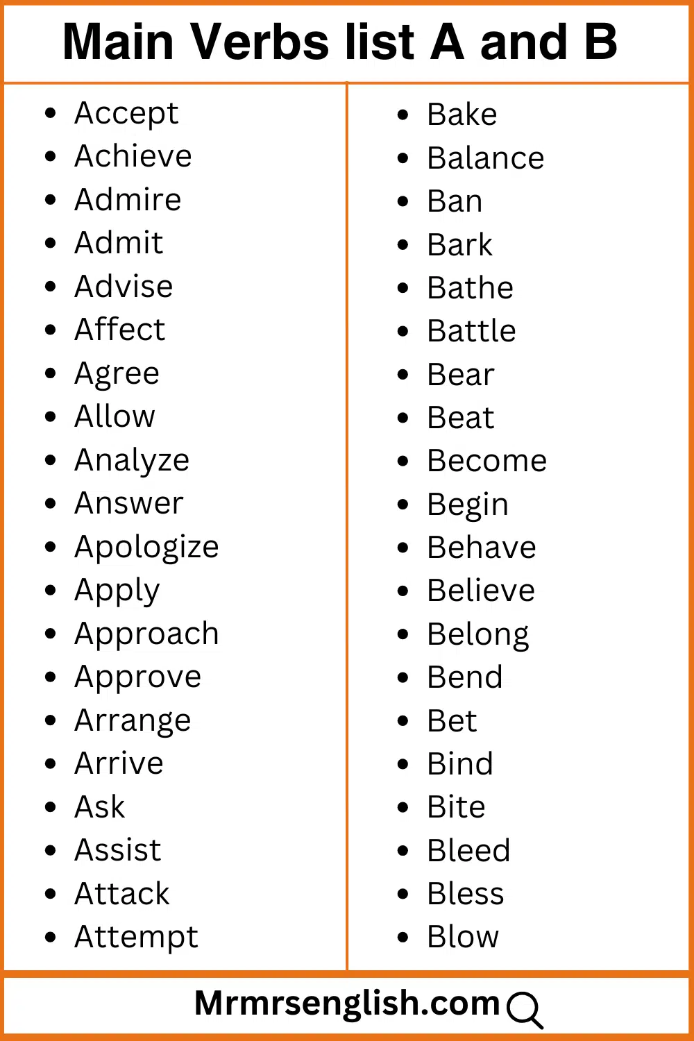 A and B words list Main verbs