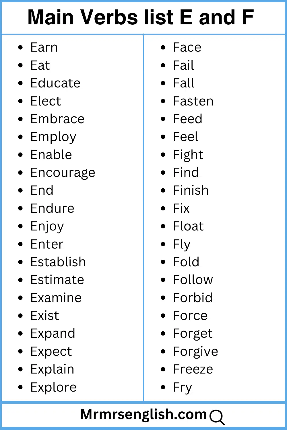 E and F words list Main verbs