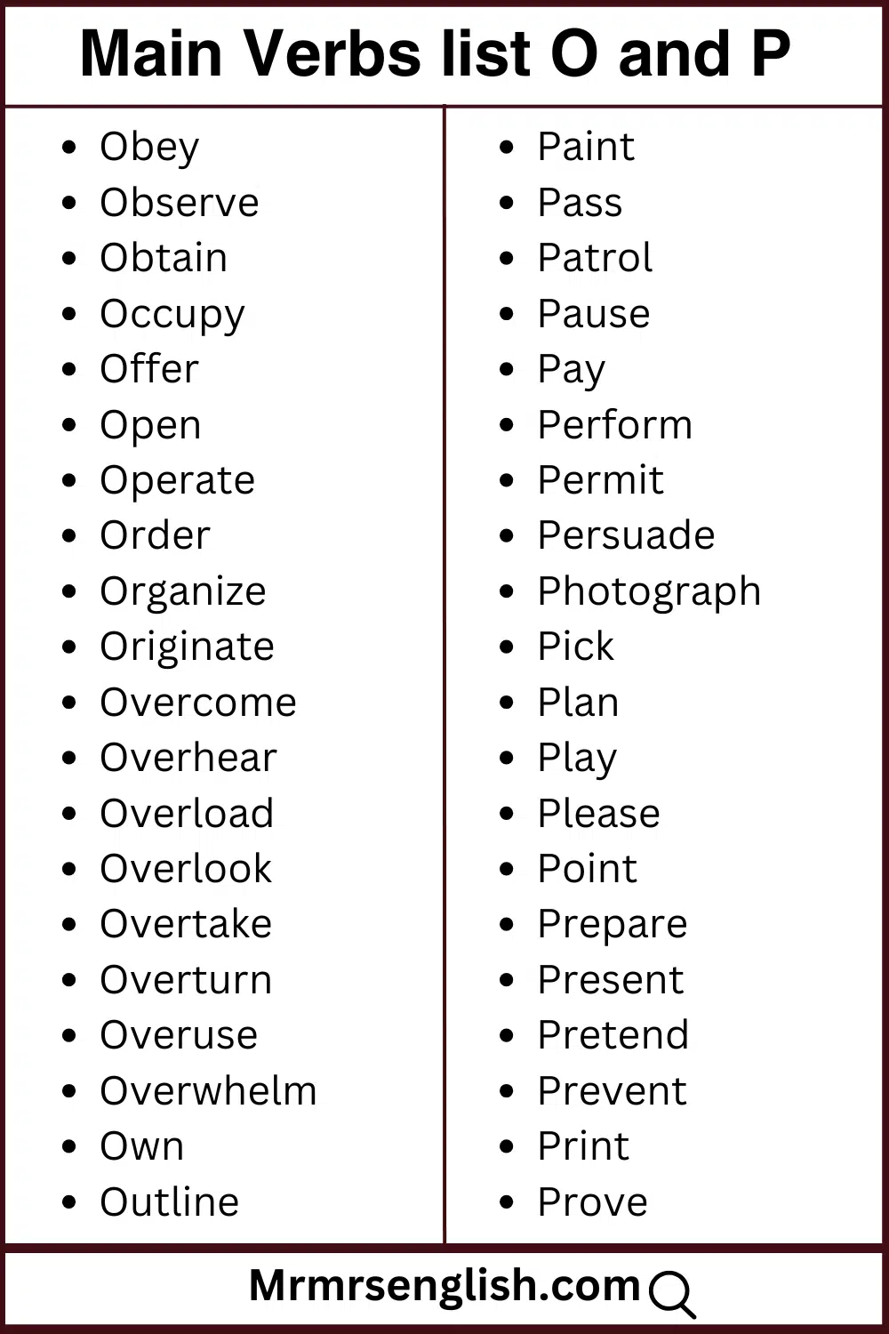 O and P words list Main verbs