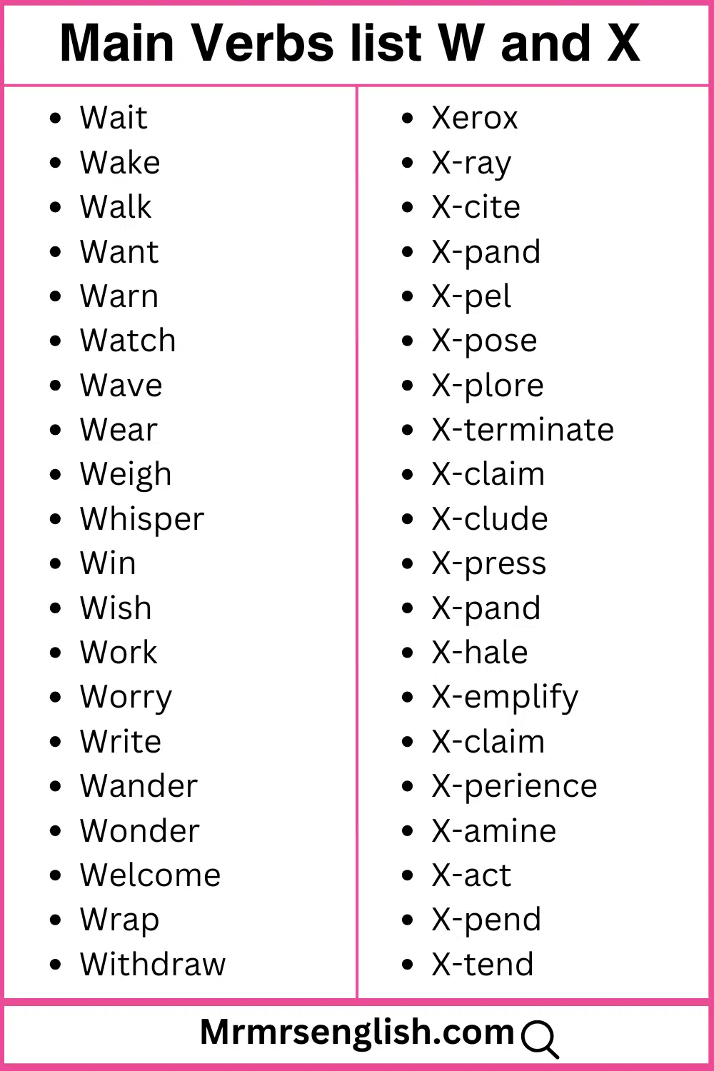 W and X words list Main verbs