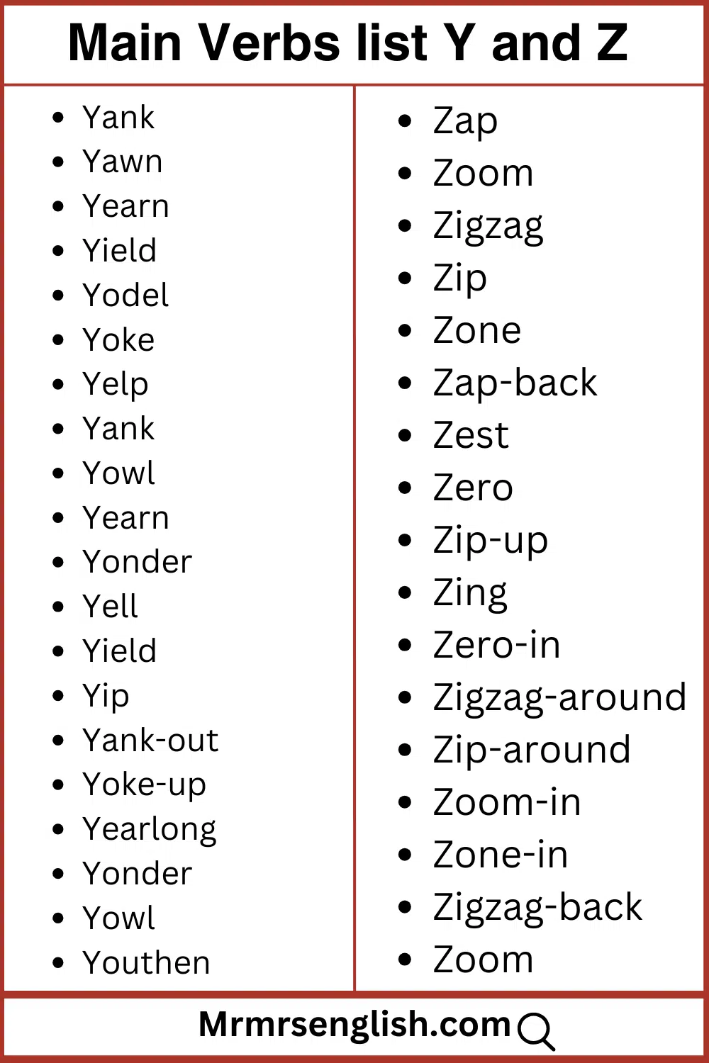Y and Z words list Main verbs