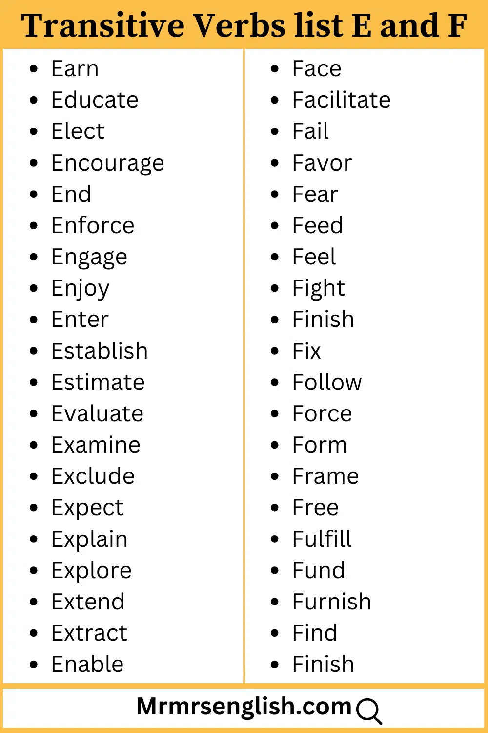 E and F words list Transitive verbs