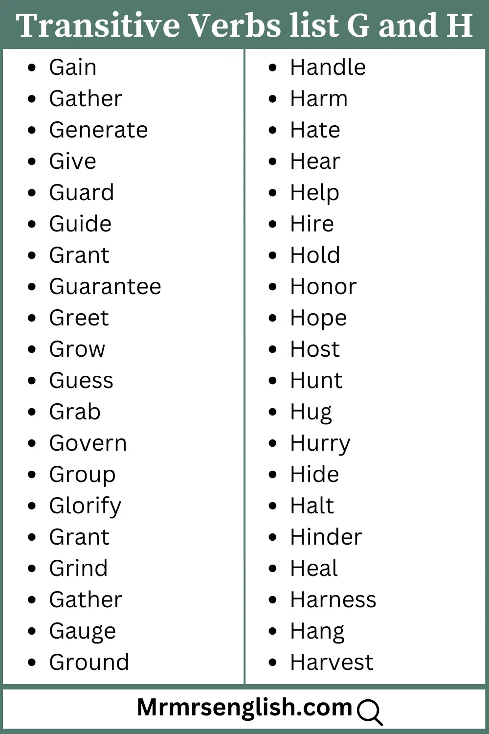 G and H words list Transitive verbs