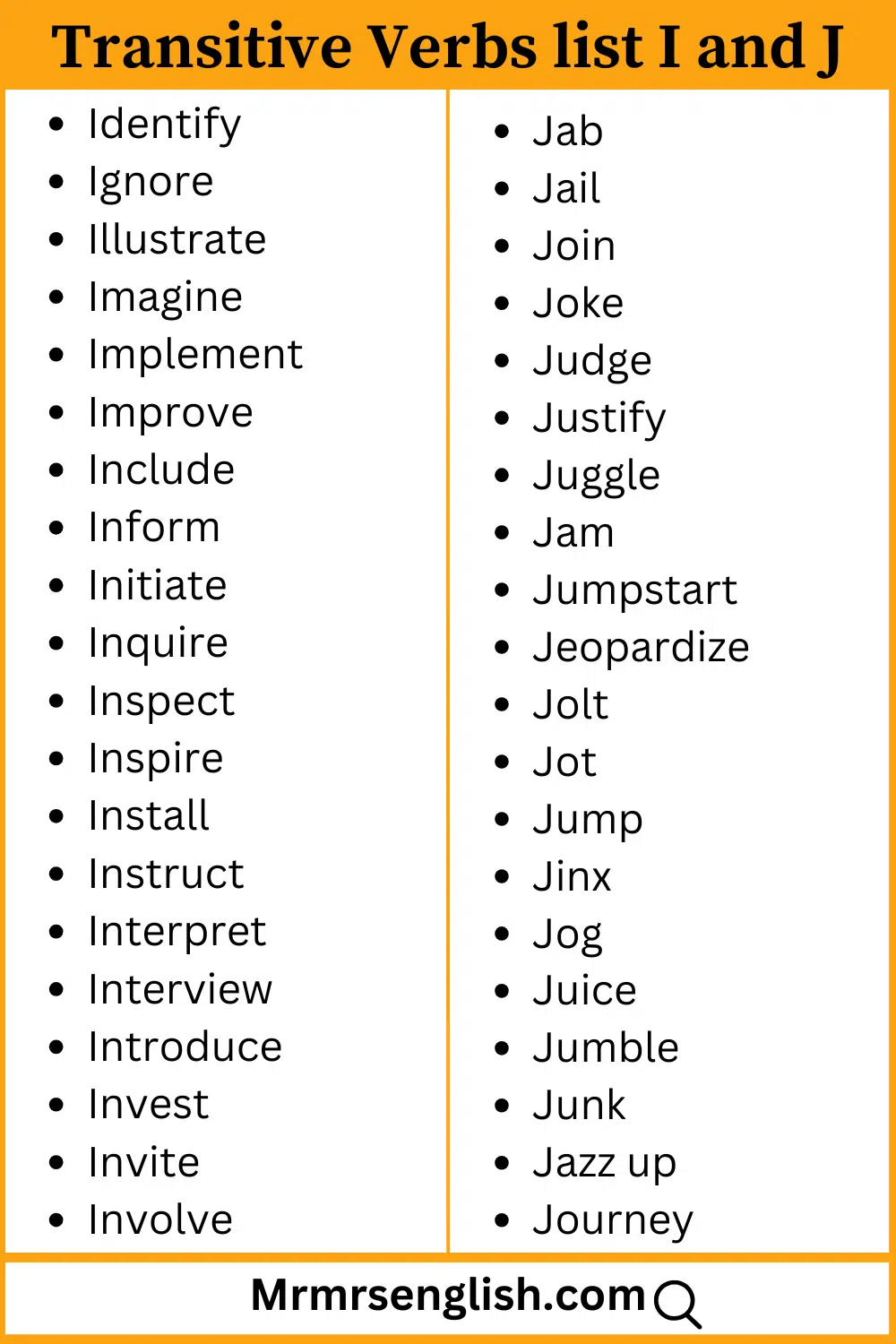 I and J words list Transitive verbs