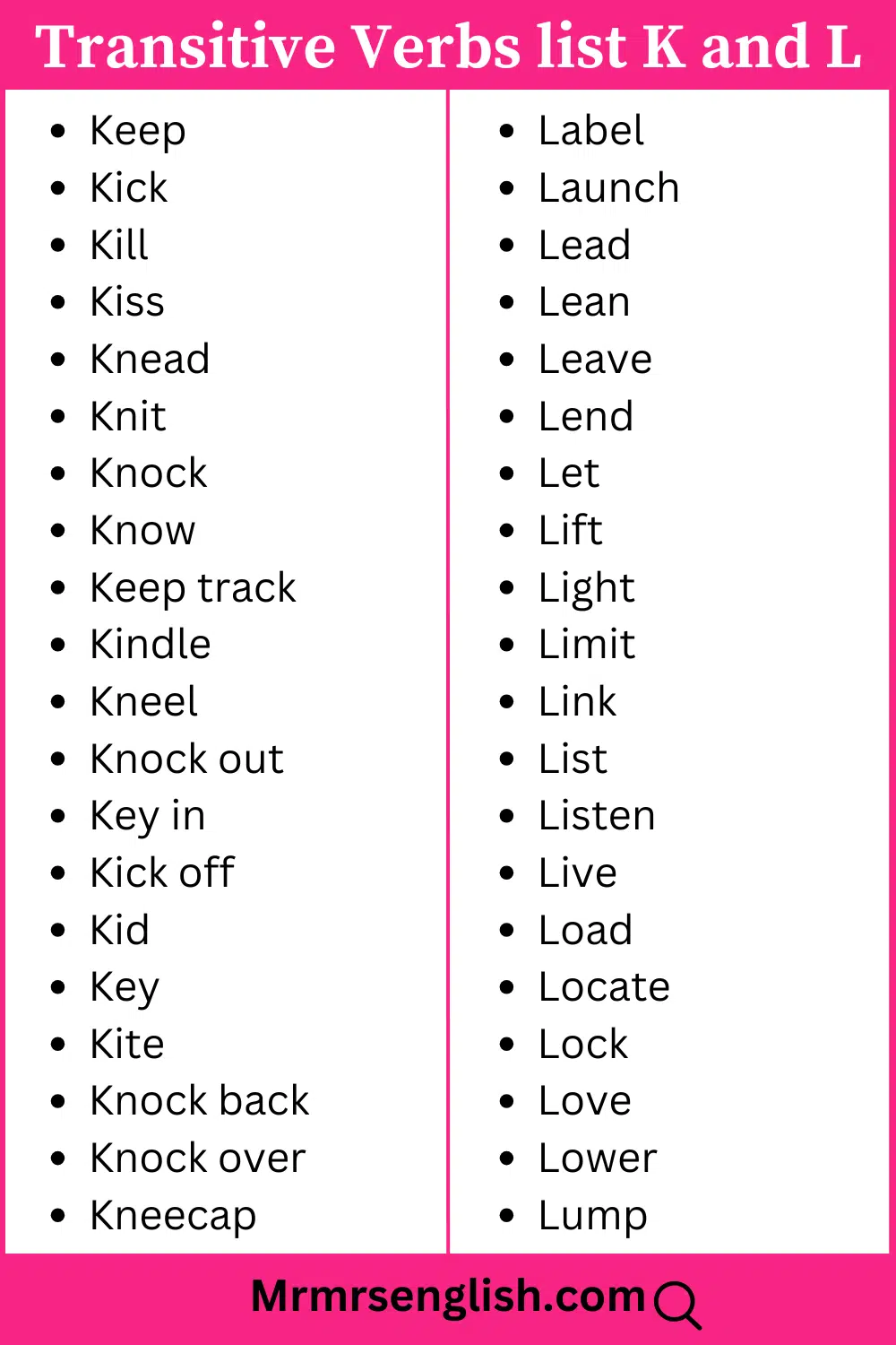 K and L words list Transitive verbs