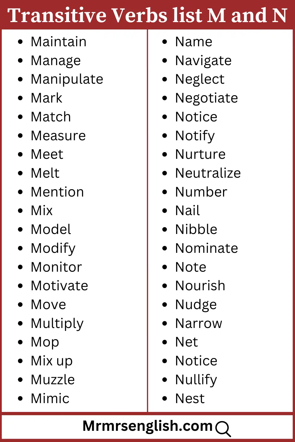 M and N words list Transitive verbs