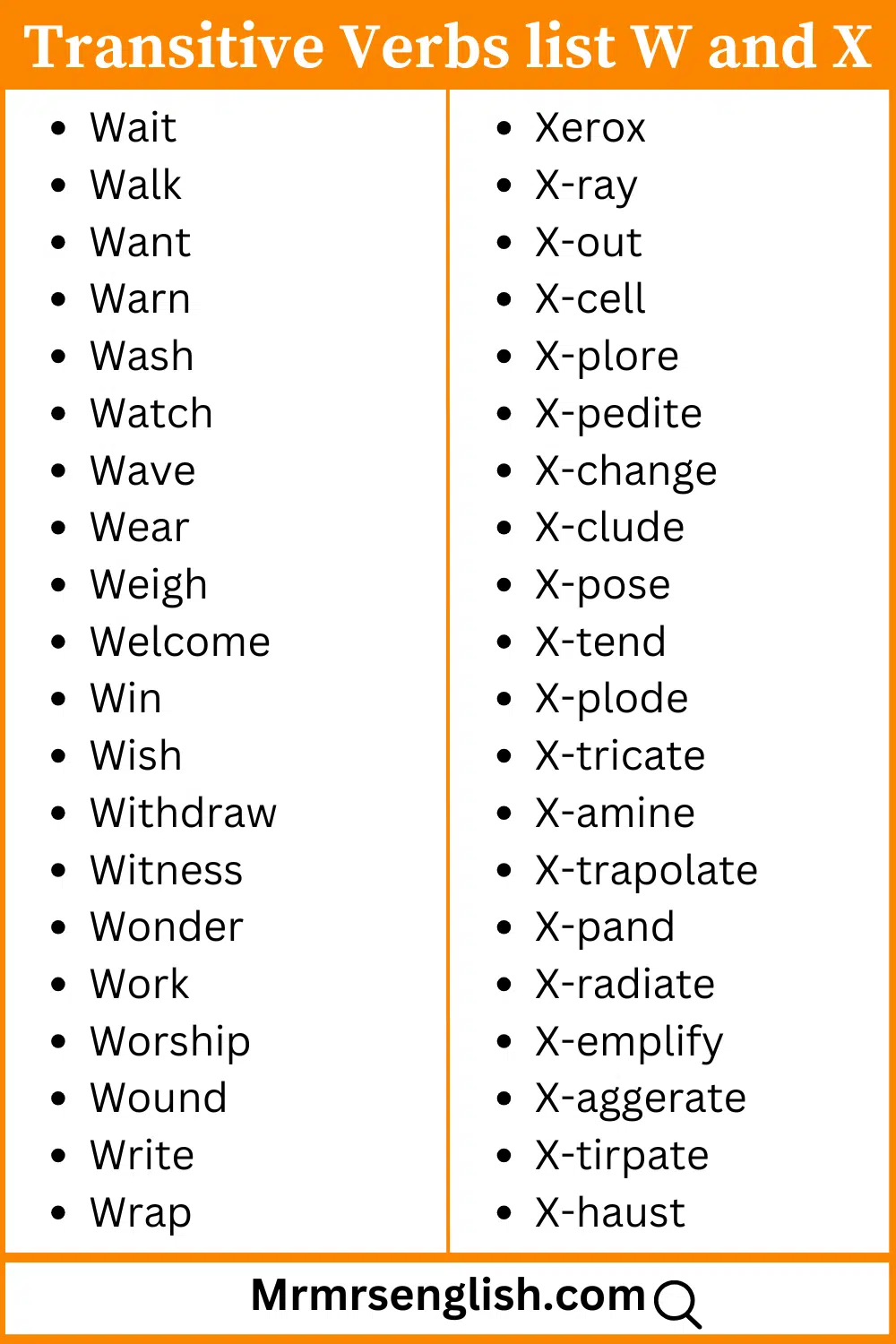 W and X words list Transitive verbs
