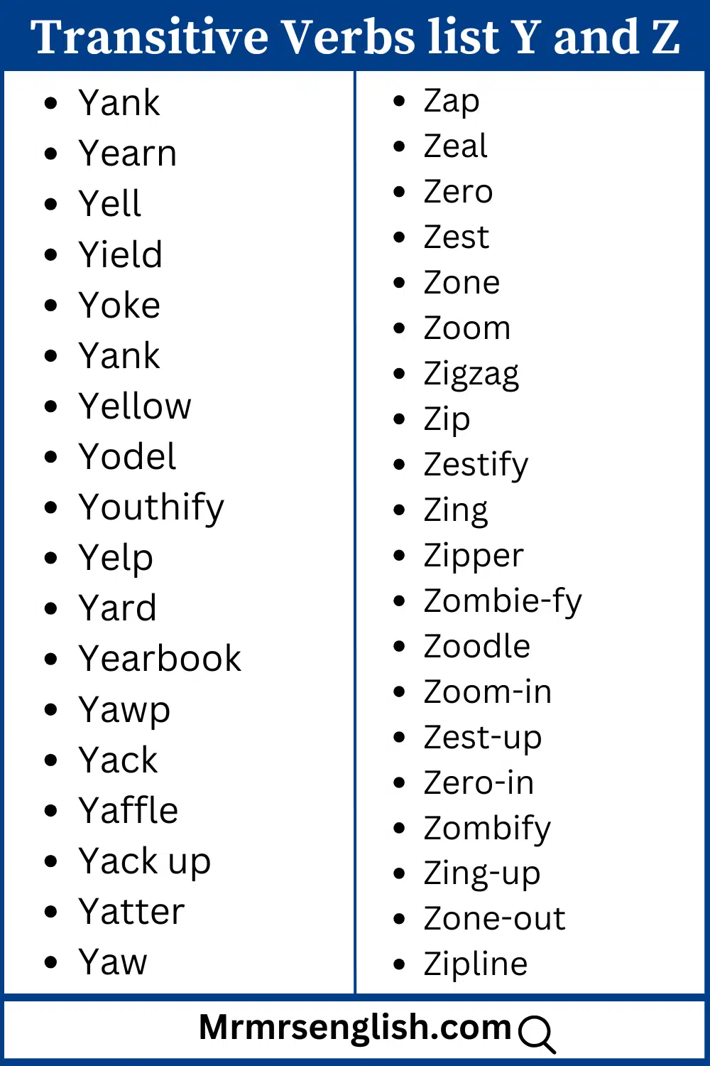Y and Z words list Transitive verbs