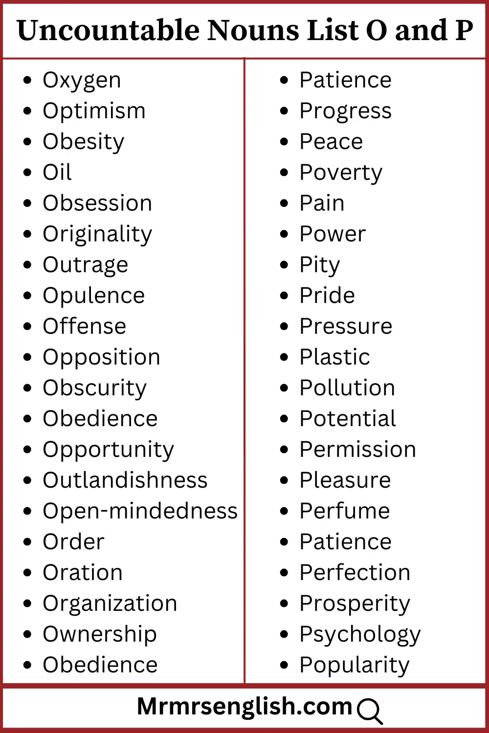 O and P words list Uncountable Nouns