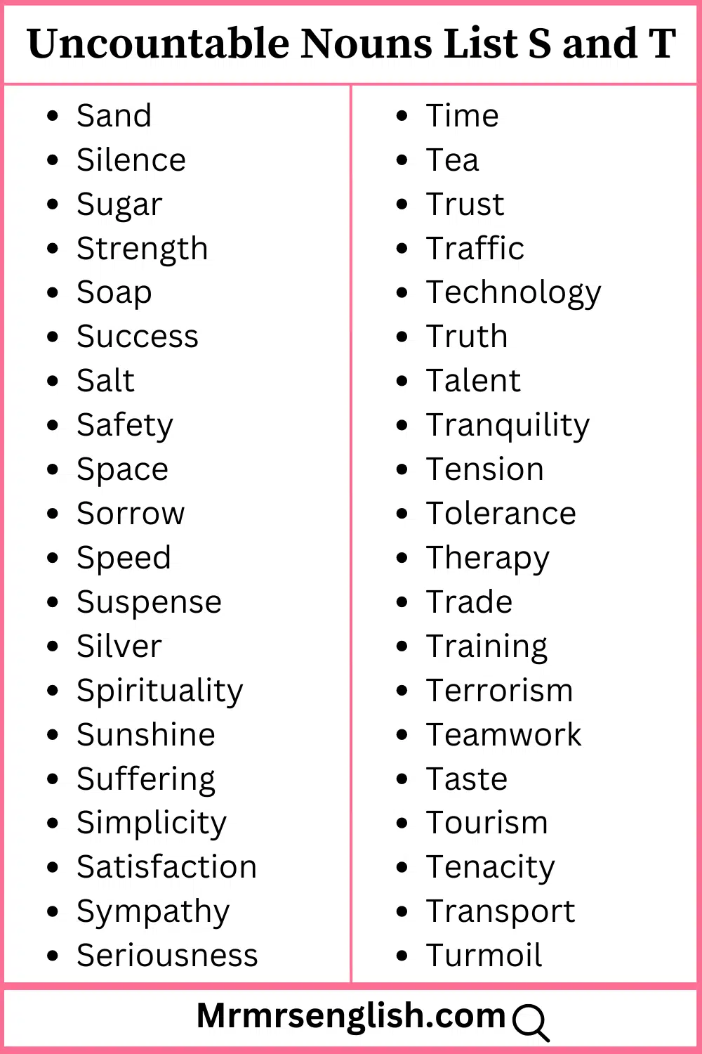 S and T words list Uncountable Nouns