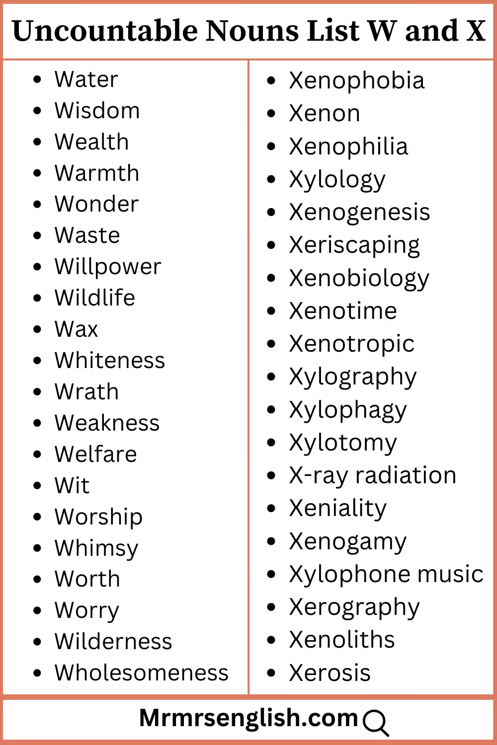 W and X words list Uncountable Nouns