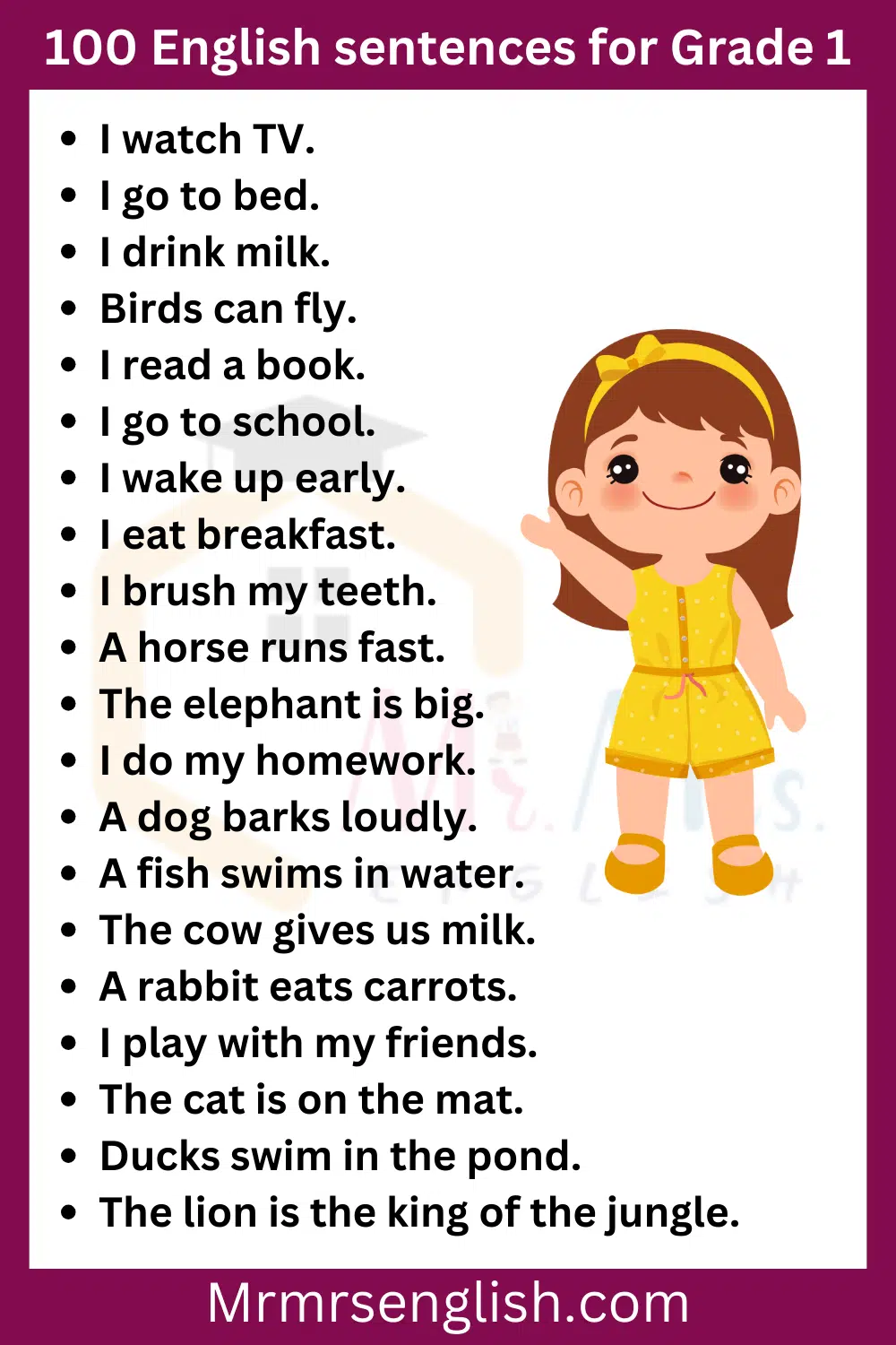 100 English sentences for Grade 1