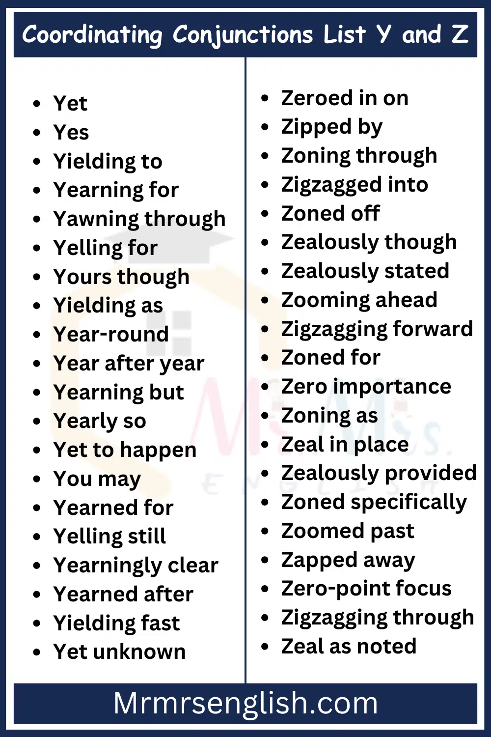 Coordinating Conjunctions List Y and Z