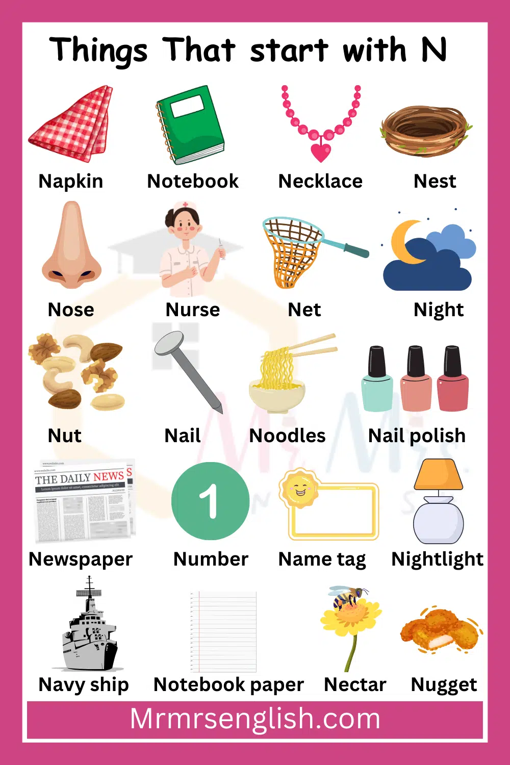 N letter things names and Their Pictures