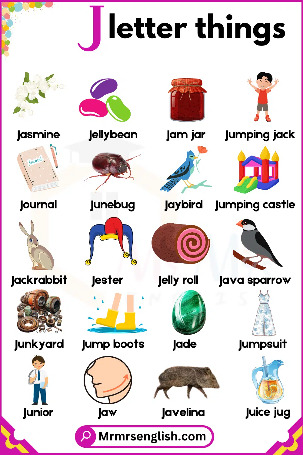 Pictures and names that start with J letter
