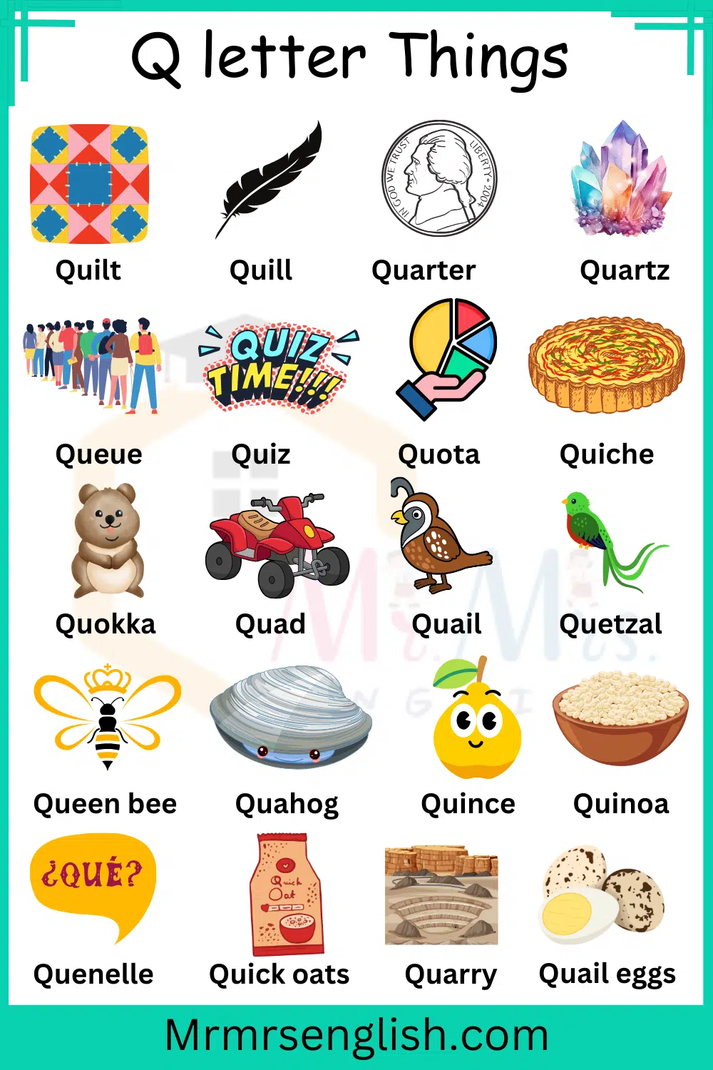Q letter Things Names and Pictures for Kids