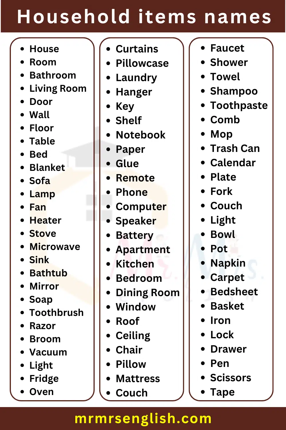 Home & Household Items names in English