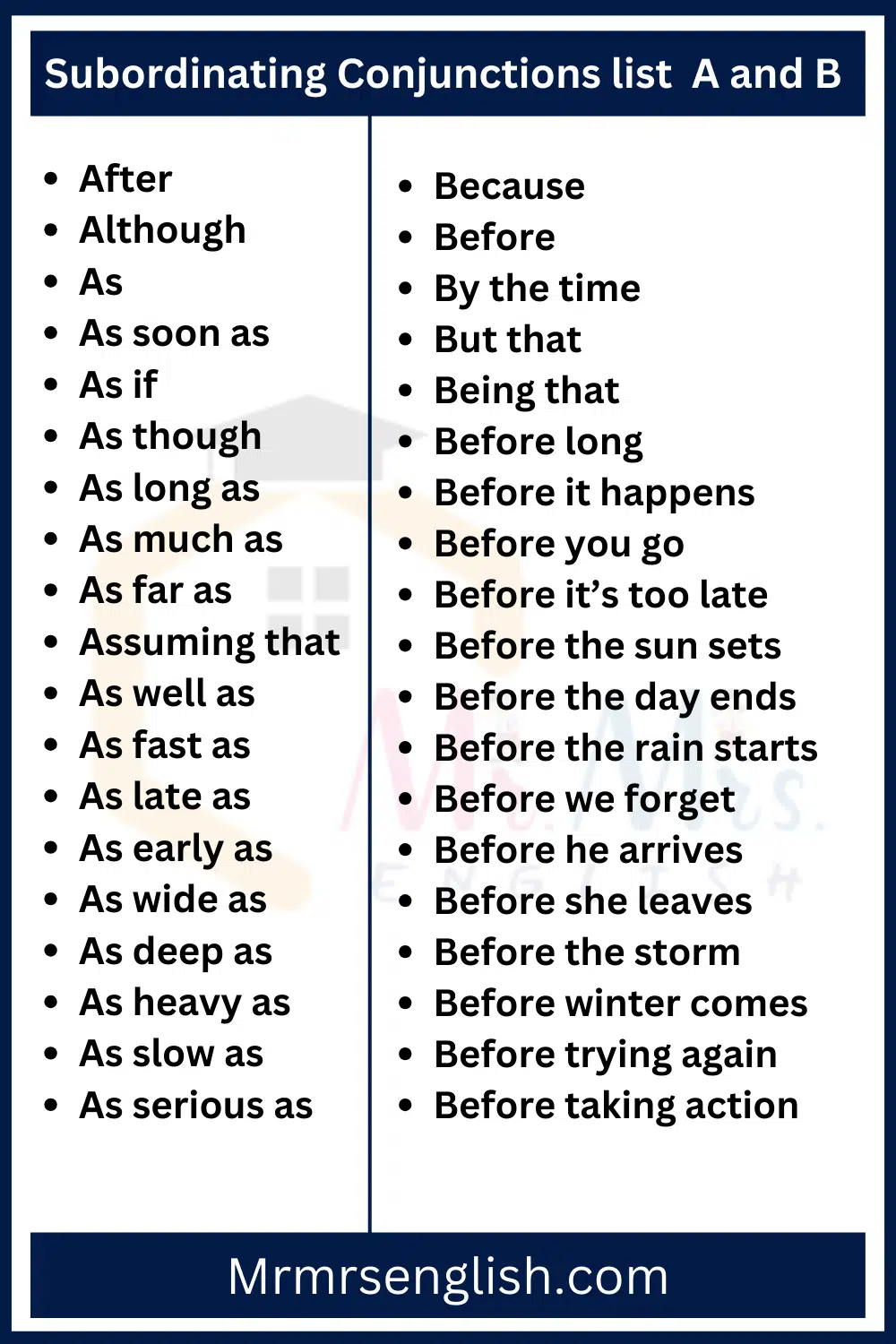 Subordinating Conjunctions list A and B