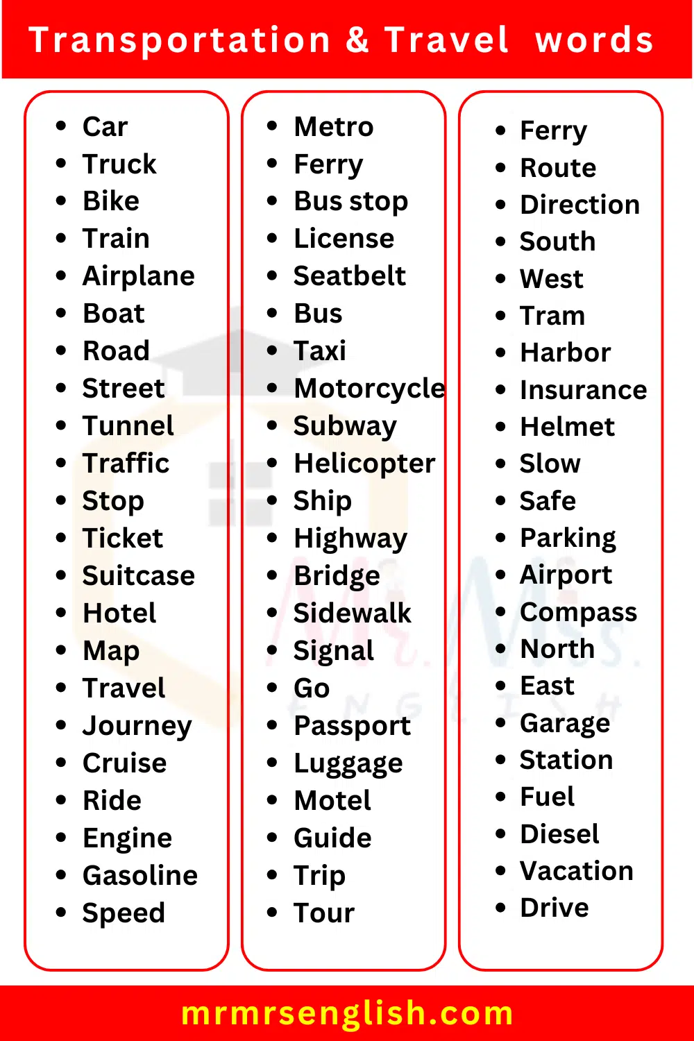 Words Used in Transportation & Travel