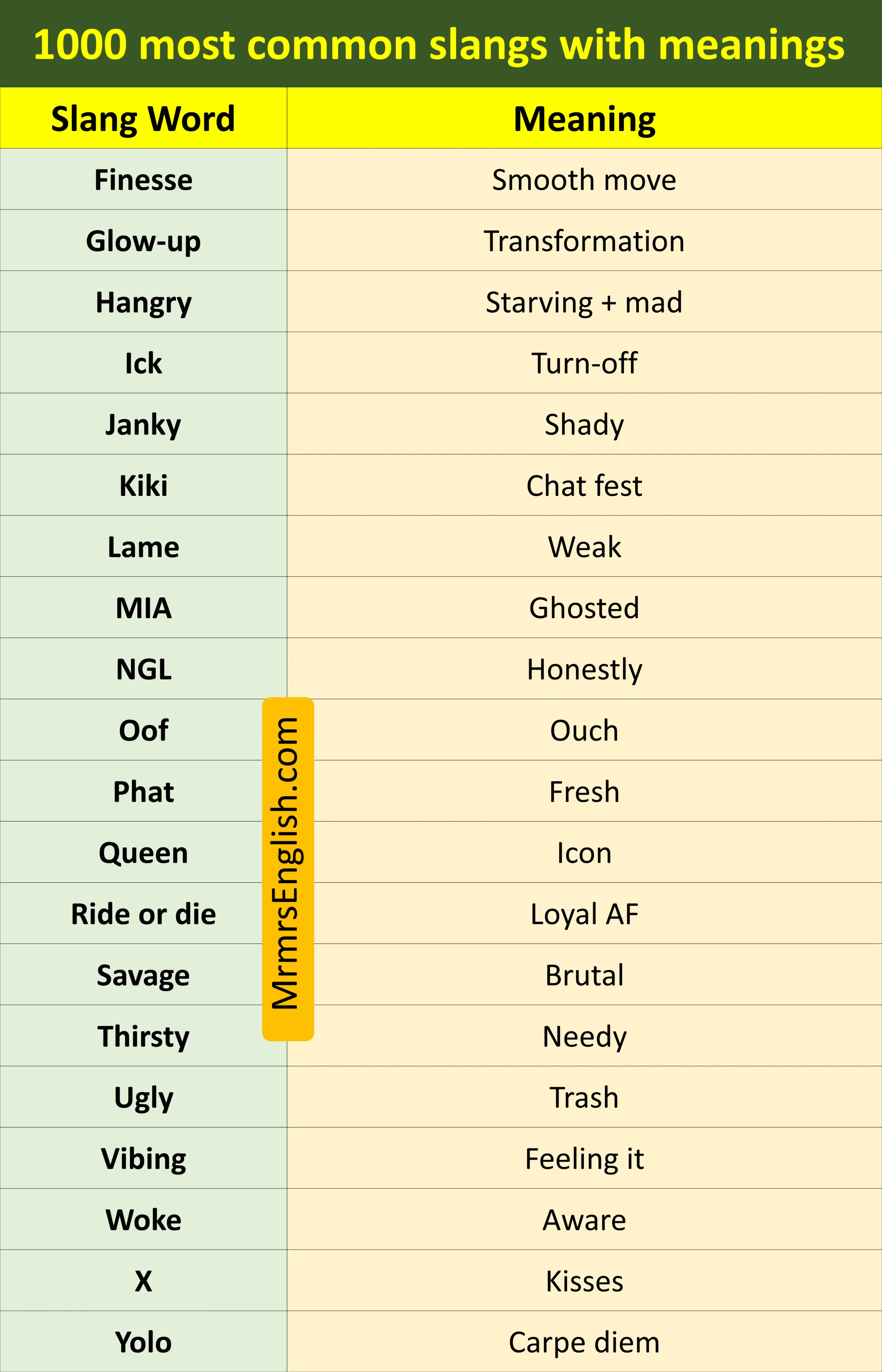1000 most common slangs with meanings