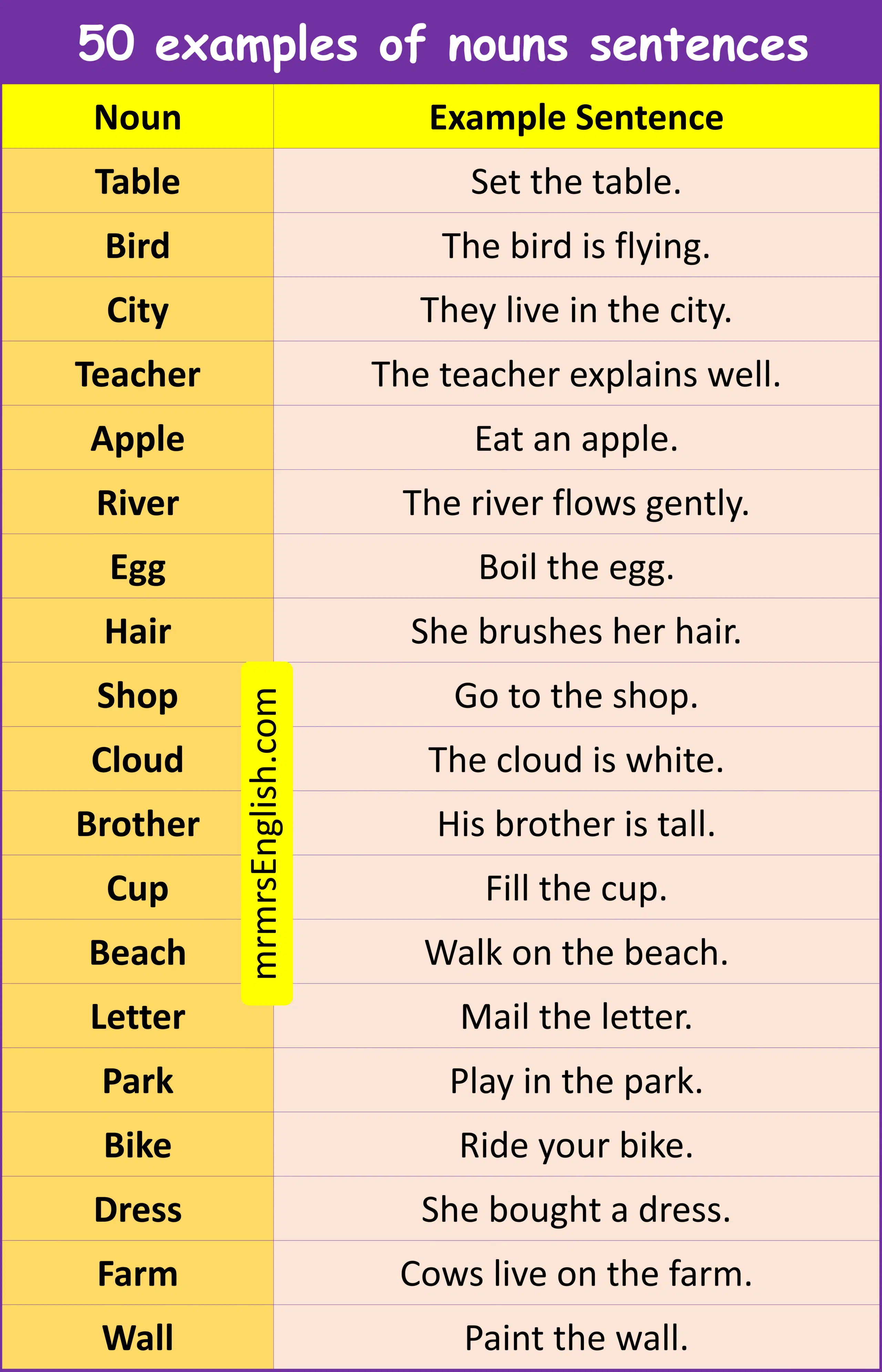 50 examples of nouns sentences
