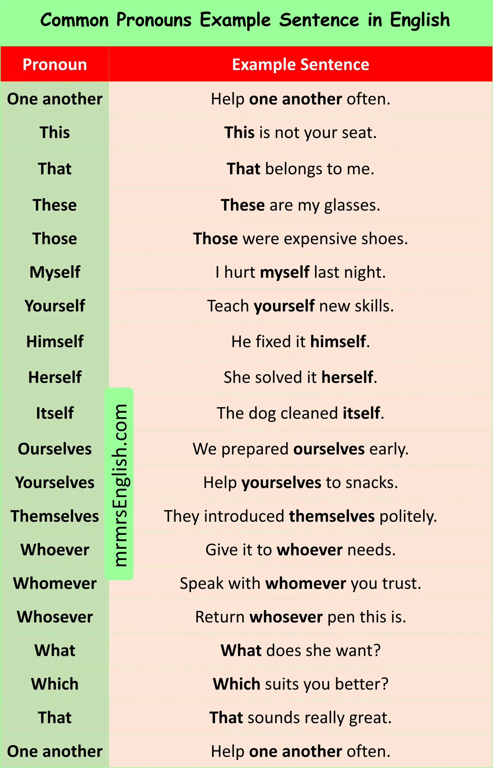 Common Pronouns Example Sentence in English