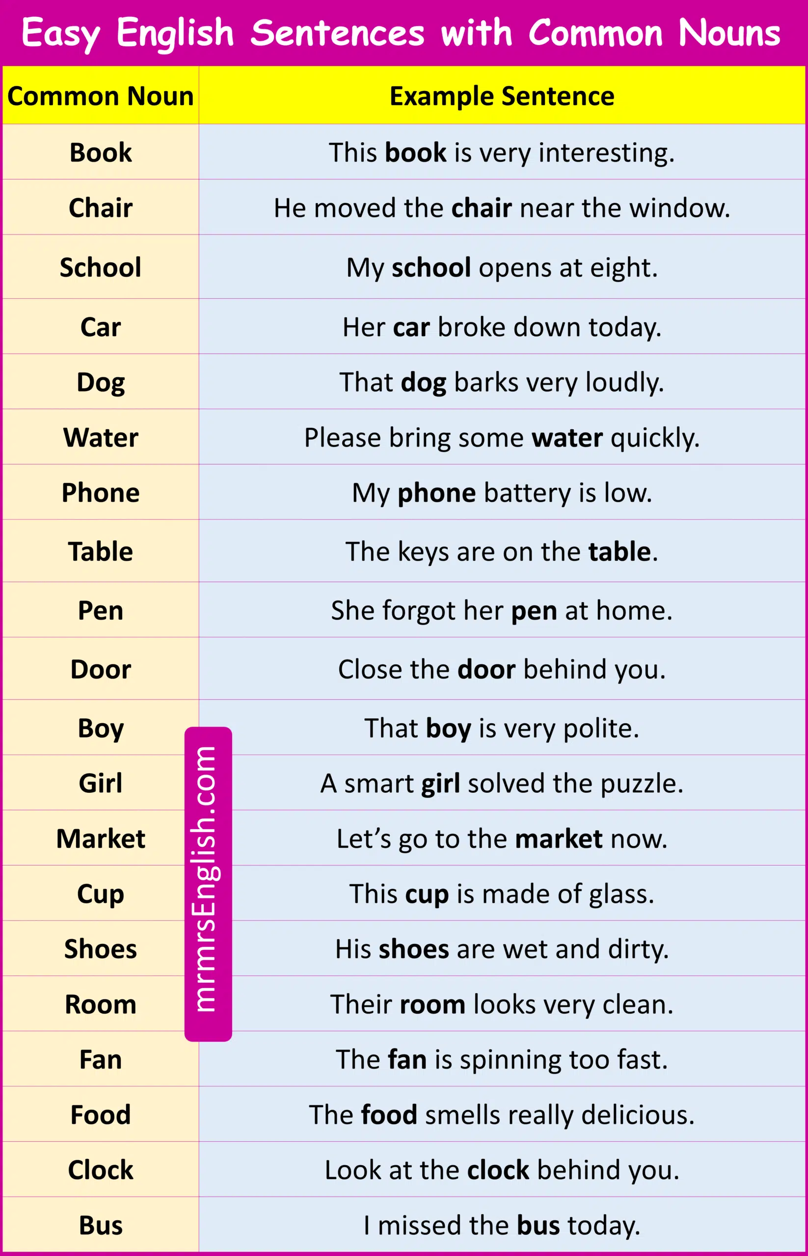 Easy English Sentences with common Noun
