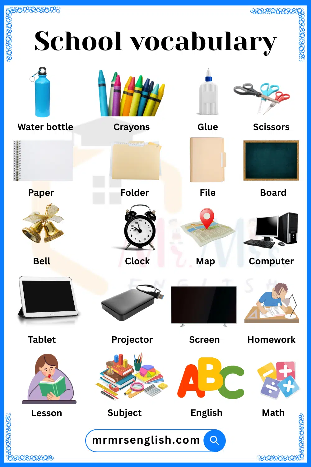 Learn school vocabulary words in English with Pictures