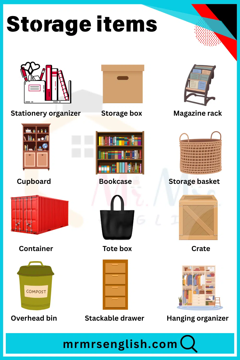 Pictures and names of Storage items 