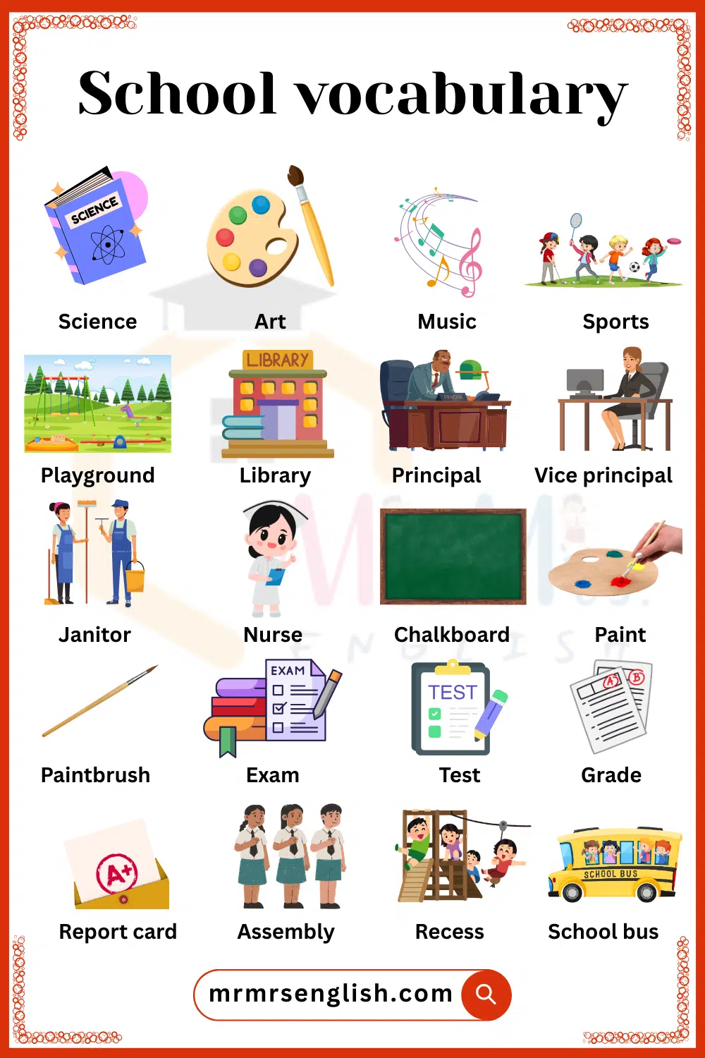 School Related Vocabulary with Pictures For Kids