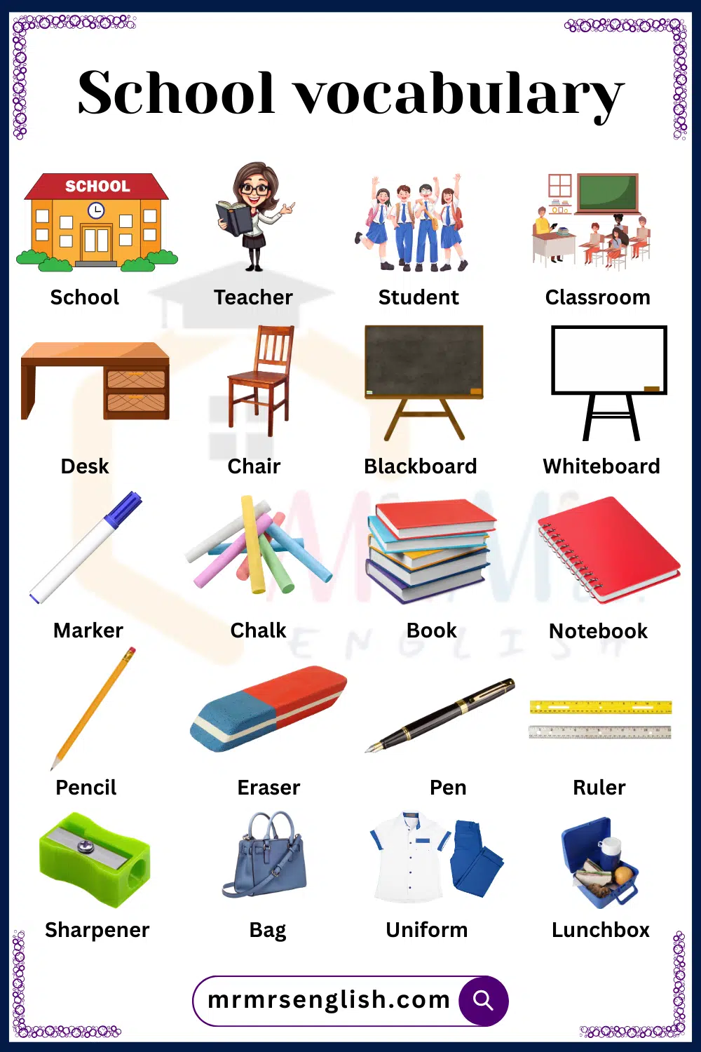 School related words with Pictures for kids
