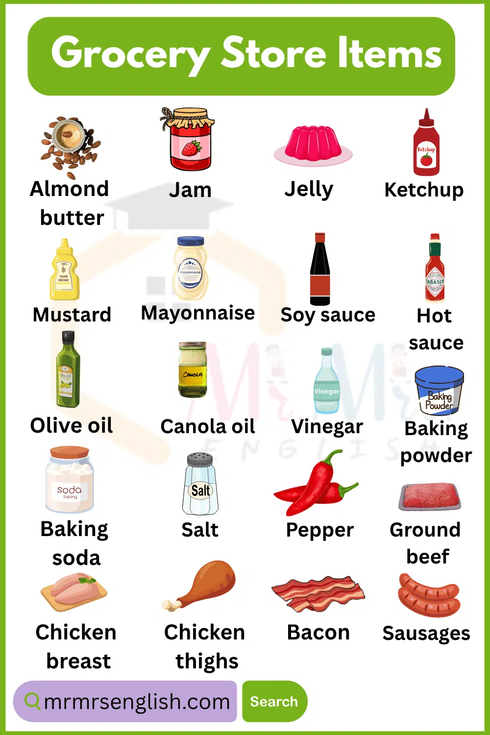 100 Grocery items names with Pictures
