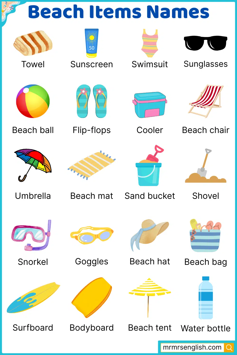 Beach Packing list with their Pictures