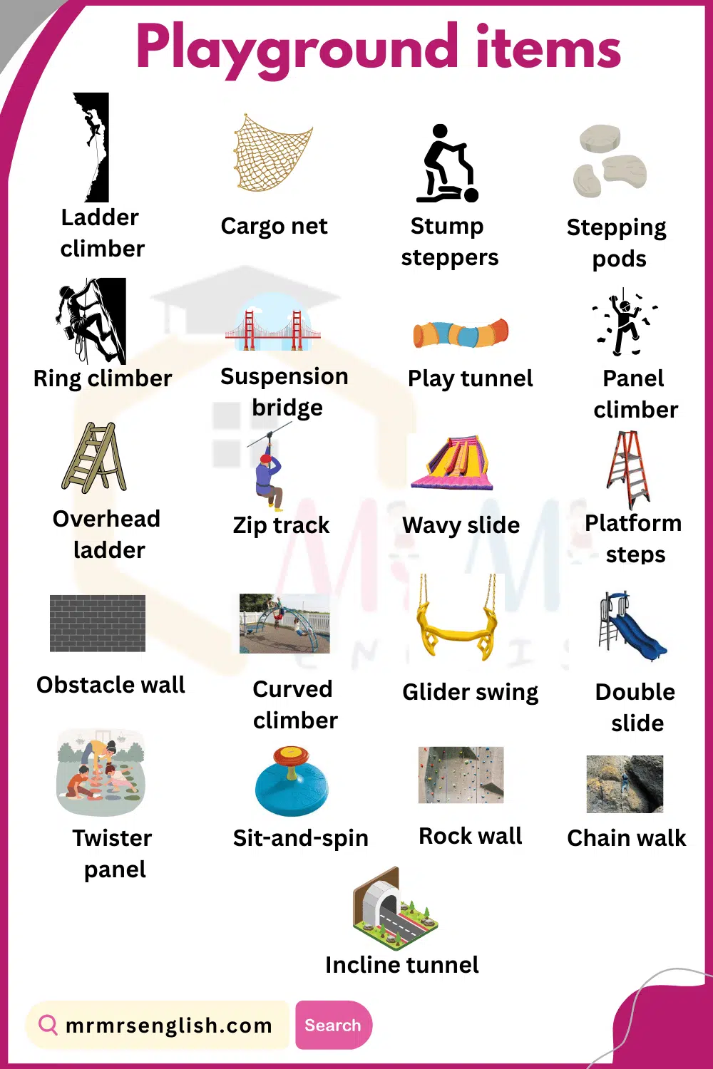 Common Playground Things with their Pictures