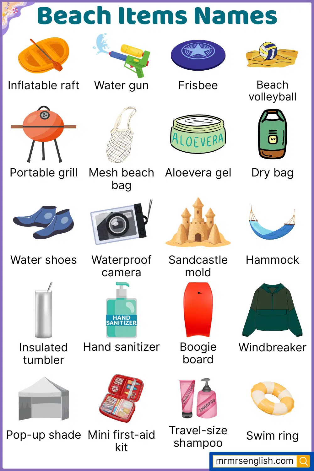Types of beach items names with Pictures