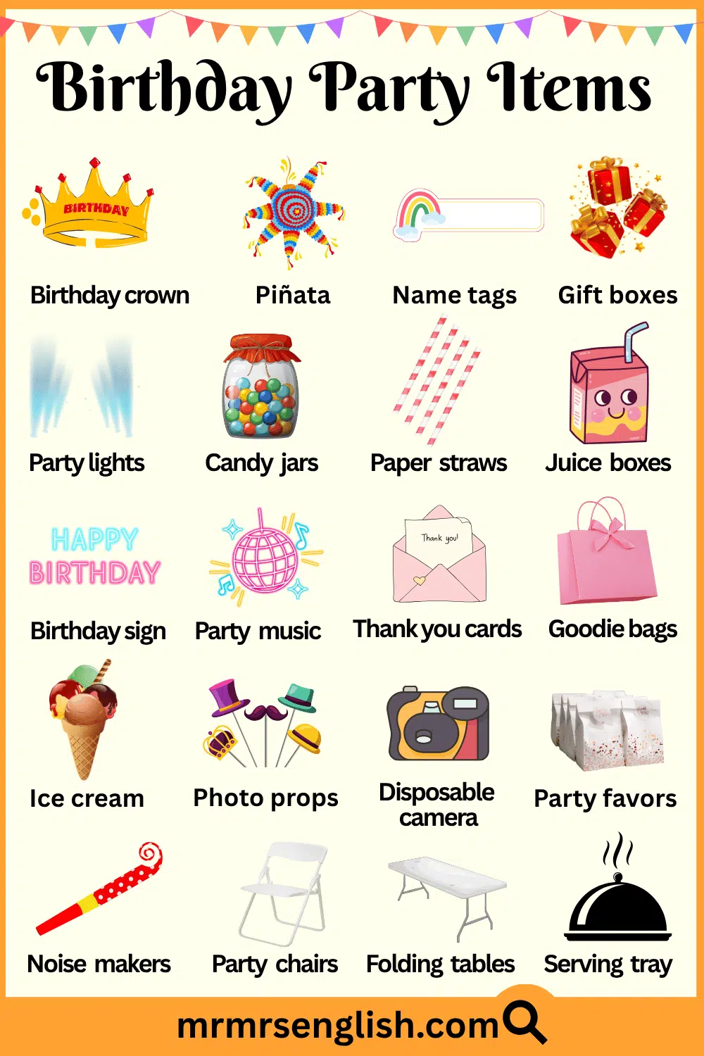 Birthday Party Items Names with Pictures