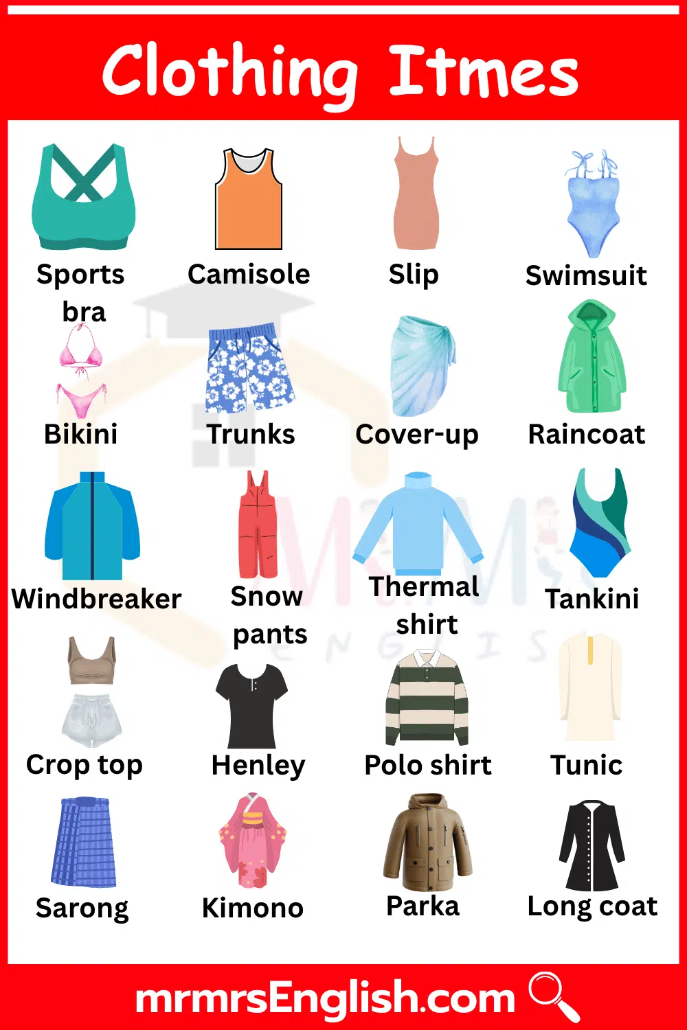 Clothing items names in English with their pictures