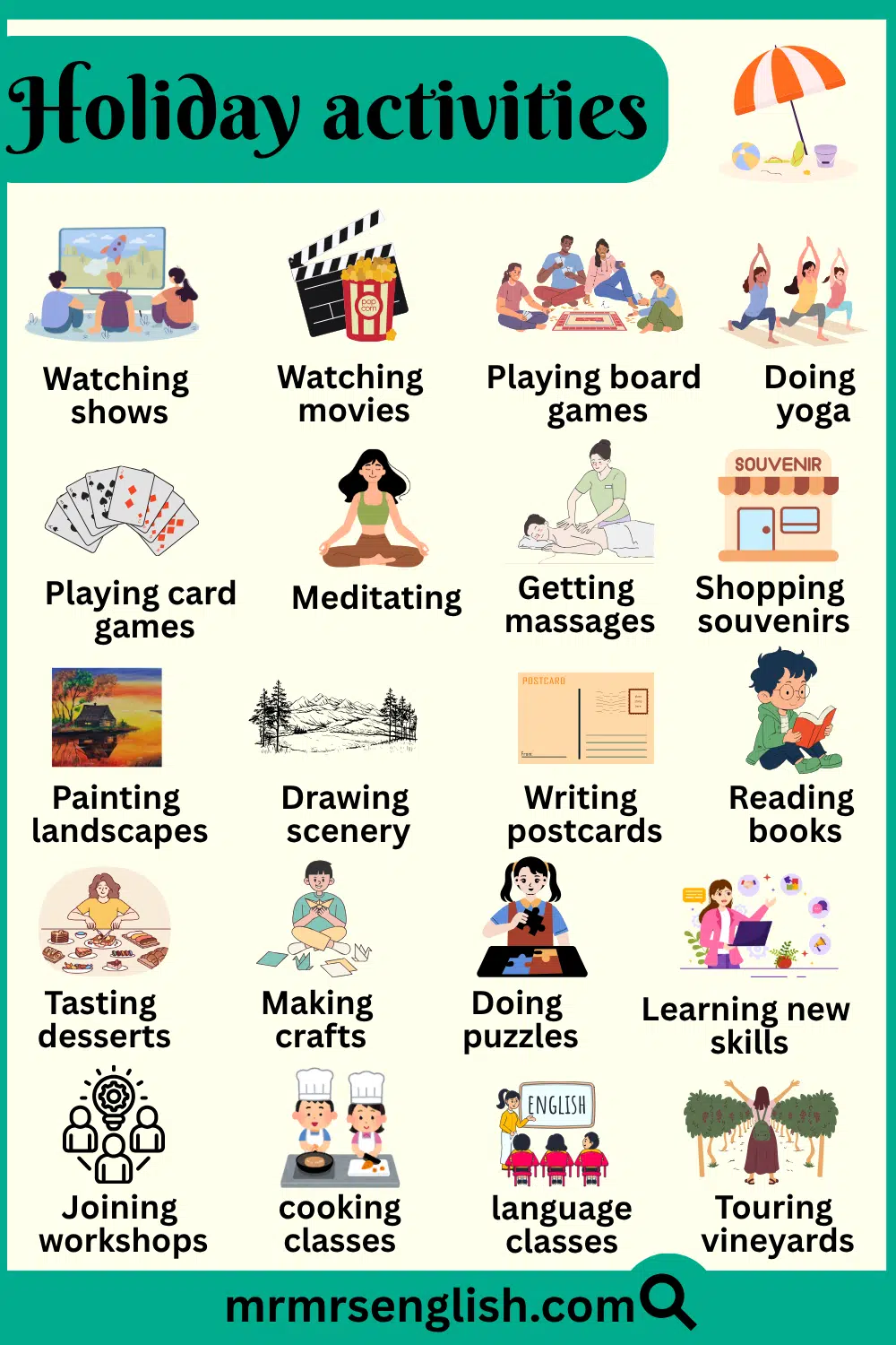 Common Holiday Activities Names for Kids with Pictures